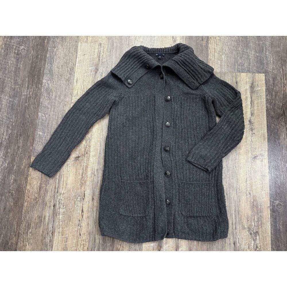 Gap Women Gray Ribbed Knit Longline Cardigan‎ Sweater Portrait Collar